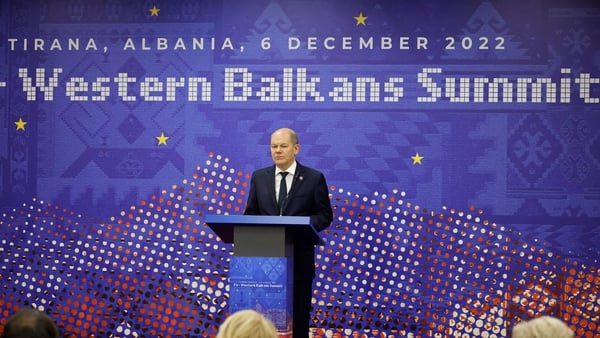 German Chancellor Olaf Scholz addresses journalists during a press conference following the EU Western Balkans summit in Tirana