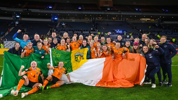 The Republic of Ireland players celebrating their win at Hampden Park