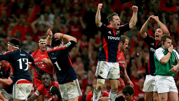 The Munster players celebrate after beating Toulouse in the 2008 Heineken Cup final