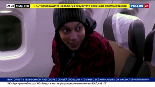 Brittney Griner pictured on board a plane after being released from prison in Russia