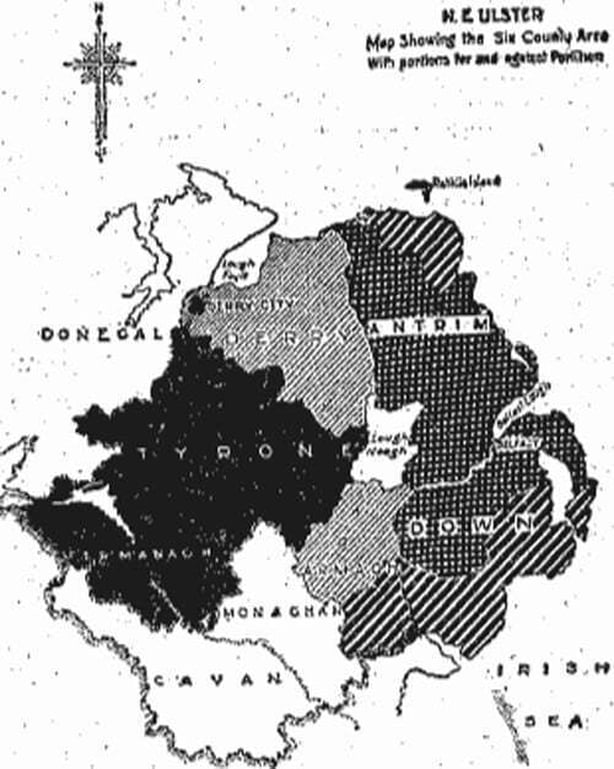 Century Ireland 246 - Map of northern Ireland and historic Ulster showing the relative strengths and distribution of unionists and nationalists, as published in the Freeman's Journal Photo: Freeman's Journal, 27 December 1922