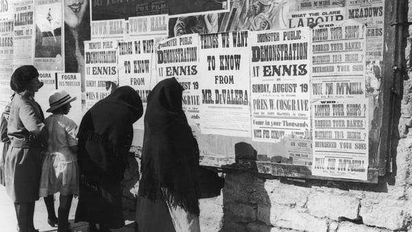 Locals reading election posters in Ennis, Co Clare ahead of the 1923 general election, the first held since the establishment of the Irish Free State. Photo: Central Press/Getty Images