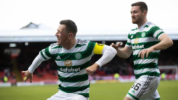 Celtic captain Callum McGregor celebrates making it 1-0 late in the game
