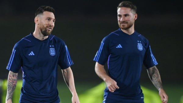 Alexis MacAllister (R), of the Donabate MacAllisters, training alongside Leo Messi