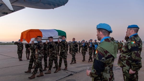 The coffin carrying Seán Rooney's body is brought to an Air Corps plane at Beirut Airport (Pic: UNIFIL)