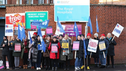 Members of the RCN on the picket line outside the Royal Victoria Hospital in Belfast this morning