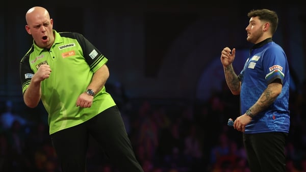 Michael van Gerwen enjoying a moment during his second round match against Lewy Williams