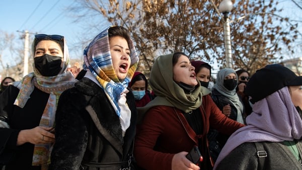 Afghan women pictured last month protesting against a Taliban ban on women accessing university education