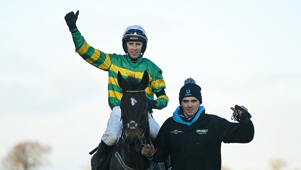 Mark Walsh celebrates after riding Saint Roi to victory in the Racing Post Novice Steeplechase