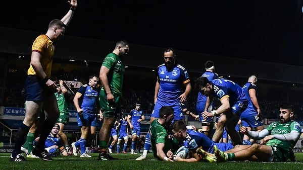 Jordan Larmour scoring his second and Leinster's fourth try in their win over Connacht