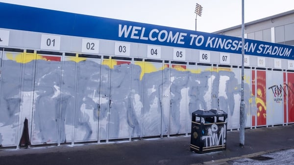 Graffiti was painted on the wall and entrance gates of Kingspan Stadium