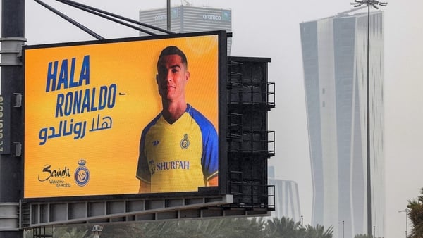 A billboard welcoming Cristiano Ronaldo is displayed in Saudi Arabia's capital Riyadh