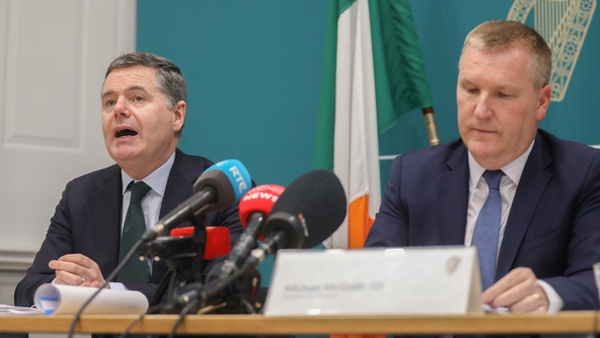 Ministers Paschal Donohoe and Michael McGrath at a media briefing to announce the 2022 Exchequer figures (Pic: RollingNews.ie)