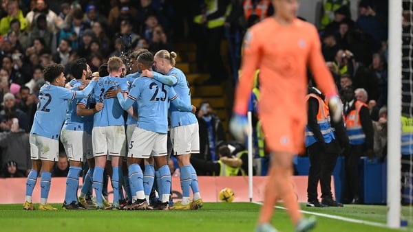 Manchester City's Riyad Mahrez is mobbed by teammates after scoring the opening goal against Chelsea in January. City have been charged with multiple alledged breaches of Financial Fair Play Regulations