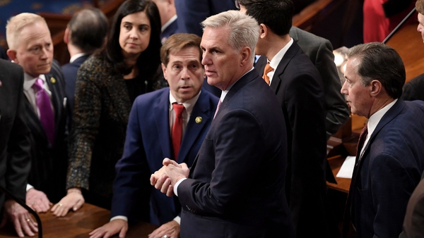 Kevin McCarthy speaking with colleagues following the 12th vote for House Speaker