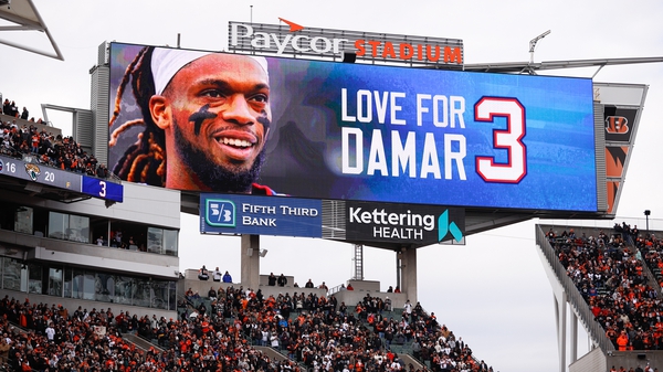 Love for Damar is displayed on the scoreboard for Buffalo Bills' Damar Hamlin before the game between the Baltimore Ravens and the Cincinnati Bengals at Paycor Stadium