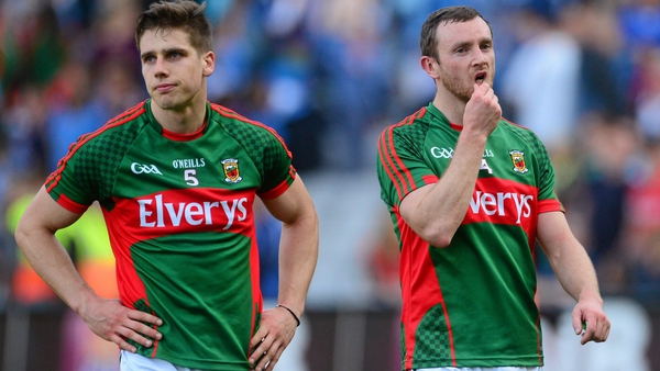 Mayo's Lee Keegan (L) and Keith Higgins dejected after the 2015 All-Ireland semi-final loss to Dublin