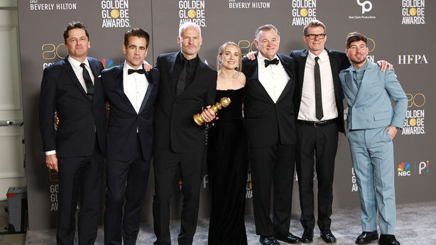 Peter Czernin, Colin Farrell, Martin McDonagh, Kerry Condon, Brendan Gleeson, Graham Broadbent, and Barry Keoghan, winners of Best Picture