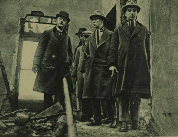 President William T. Cosgrave and others standing in the ruins of the Beechpark house in Ballyboden Photo: The Illustrated London News, January 20 1923