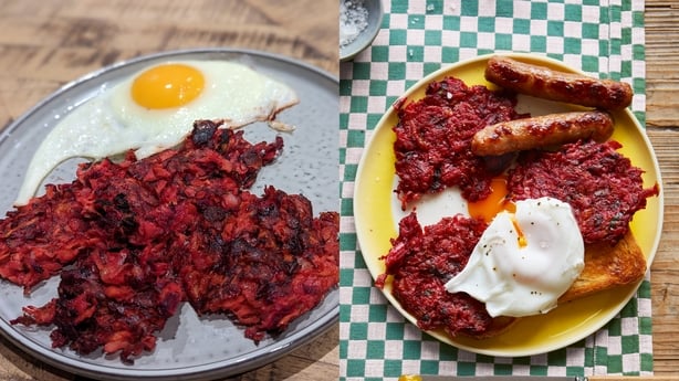 Claire Spreadbury's veg-peel fritters (L) and Jack Monroe's