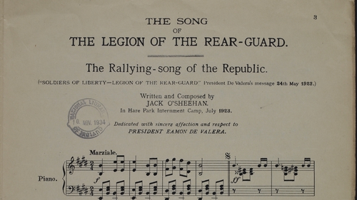 Some of the sheet music of The Song of the Legion of the Rear-guard, composed in Hare Park Camp by internee Jack O'Sheehan. Image courtesy of the National Library of Ireland