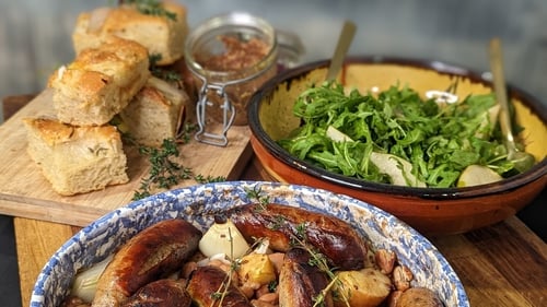 Eunice Power's baked sausages with apples, borlotti beans & cider