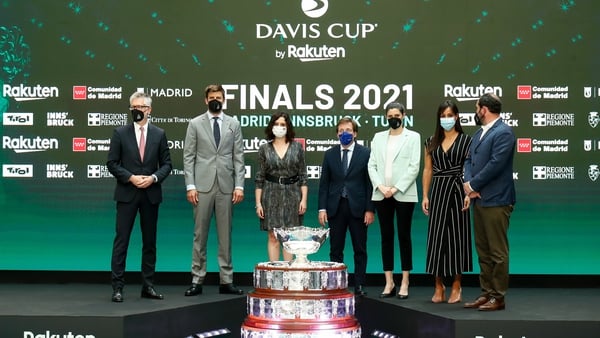 Gerard Pique (2nd left) during the presentation of the Davis Cup 2021 in Madrid