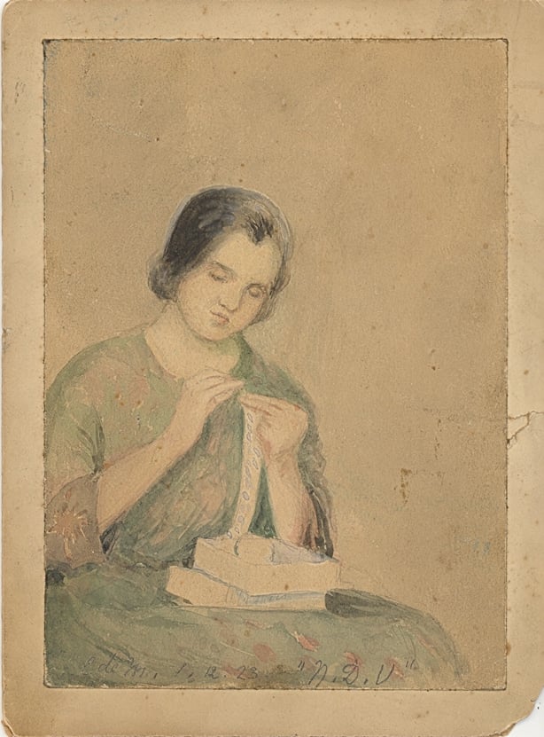 Kathleen Hyland crocheting, North Dublin Union, December 1923, a  watercolour by Countess Constance Markievicz  Many prisoners used arts and crafts to combat the boredom of prison life. Countess Markievicz was a former art student and enjoyed painting and sketching during her time in prison. Here she depicts a fellow prisoner, Kathleen Hyland, as she concentrates on her crochet.   Donated by Mairéad McGrath  KMGLM.2010.0095                                    