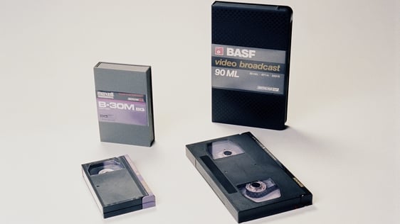 Beta videotapes and storage boxes.