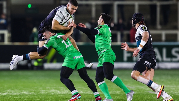 Adam Byrne of Connacht is tackled by Mateo Carreras of Newcastle Falcons
