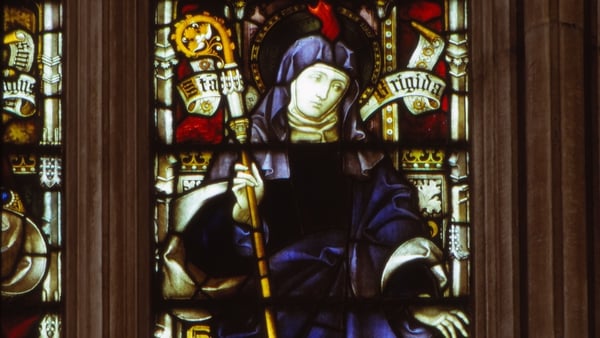 Medieval stained glass window in Hereford Cathedral depicting St Brigit. Photo: CM Dixon/Heritage Images/Getty Images
