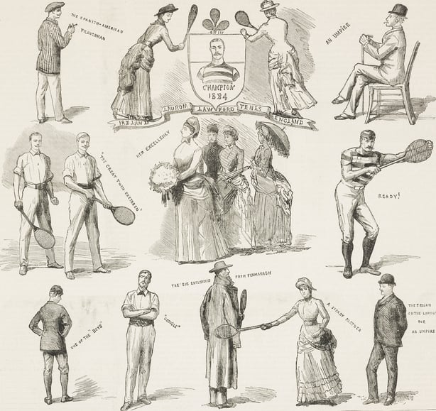1880s drawing showing the various types of people at an Irish tennis match