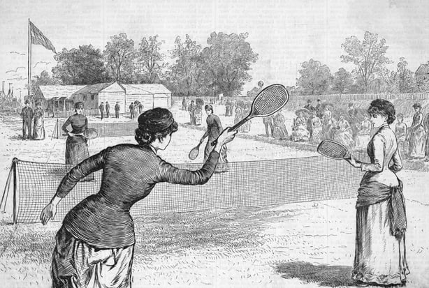 (Original Caption) Staten Island, NY: The Ladies' Lawn Tennis tournament, Staten Island Cricket Club gounds. Drawing. 1883.