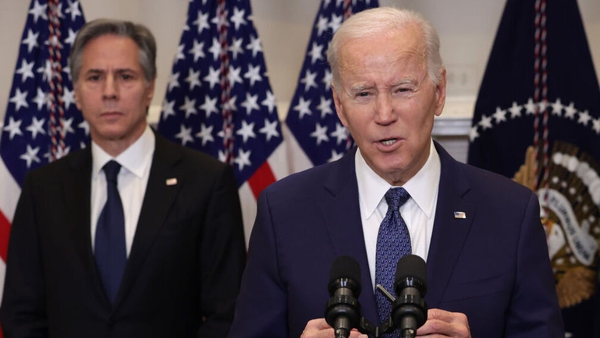 Joe Biden makes an announcement on additional military support for Ukraine as Secretary of State Antony Blinken listens