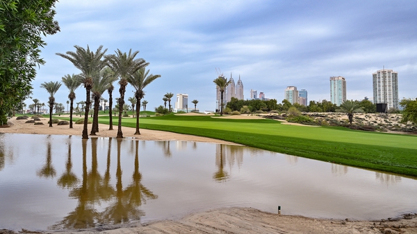 A view of the waterlogged 12th hole at Emirates Golf Club