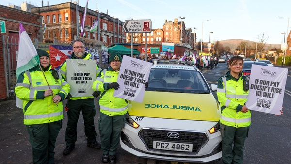 Ambulance workers on the picket line outside the Royal Victoria Hospital in Belfast