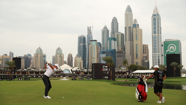 Rory McIlroy is two under thru 15 in the gloomy skies of Dubai