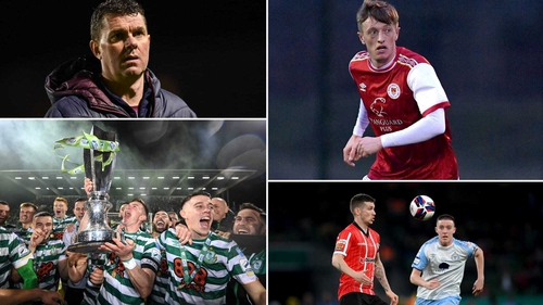 Clockwise from tope left: Droghed United boss Kevin Doherty, St Pat's midfielder Chris Forrester, Patrick McEleney in action for Derry City and Shamrock Rovers celebrating their title success