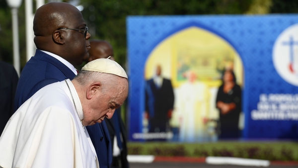 Pope Francis, flanked by President of the Democratic Republic of Congo Félix Tshisekedi in Kinshasa