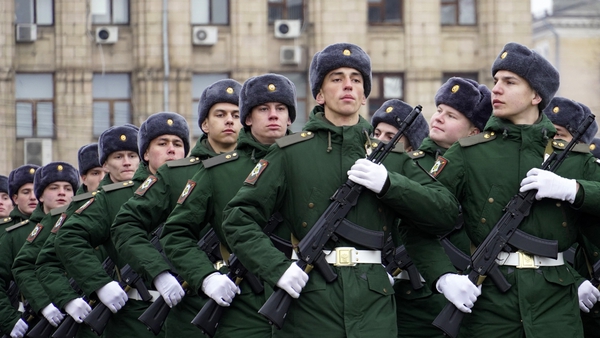 Russian servicemen march during a military parade marking the 80th anniversary of the Soviet victory at the Battle of Stalingrad