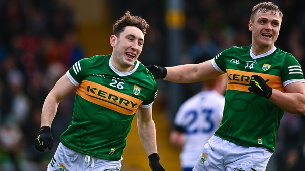 Paudie Clifford celebrates with Darragh Roche after slotting home Kerry's second goal