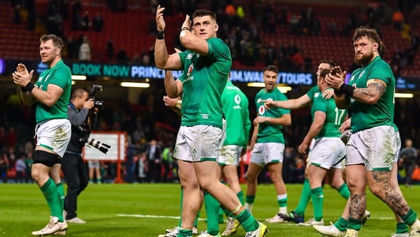 Ireland's players celebrate after Saturday's win against Wales.