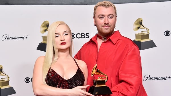 Kim Petras and Sam Smith pose with the Best Pop Duo/Group Performance award for Unholy