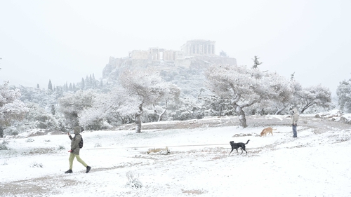The Acropolis as seen from Filopappou Hill during a snow storm which hit Athens