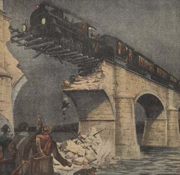 Century Ireland Issue 250 - Illustration, which shows anti-treaty forces watching a train crossing a blown up bridge in Co. Tipperary during the civil war Photo: "Illustrazione Del Popolo", Supplemento della Gazzetta del Popolo, Anno III - N. 5, Torino, 4 Feb. 1923