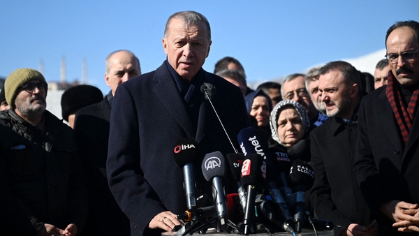 Recep Tayyip Erdogan speaking during a visit to one of the areas hardest hit by the earthquake - Kahramanmaras