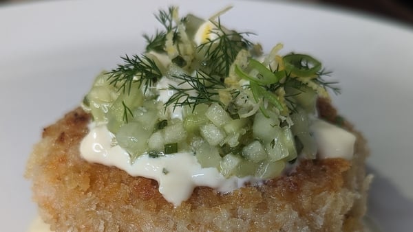 Kev Aherne's spiced fishcake with cucumber & apple salsa with roasted garlic mayo