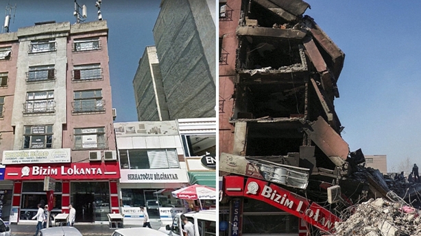 Before and after photographs of damage in Kahramanmaras in Turkey