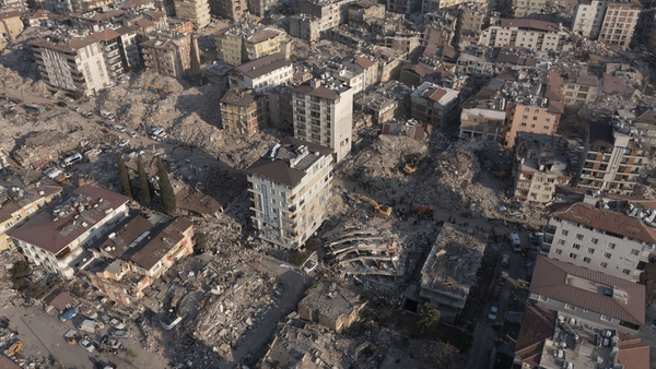 An aerial view of destroyed buildings in Hatay, Turkey after Monday's 7.8-magnitude earthquake