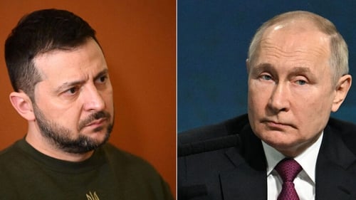 Both born in the USSR, Vladimir Putin (R) and Volodymyr Zelensky have become the flag bearers of diametrically opposed visions of the post-Soviet world